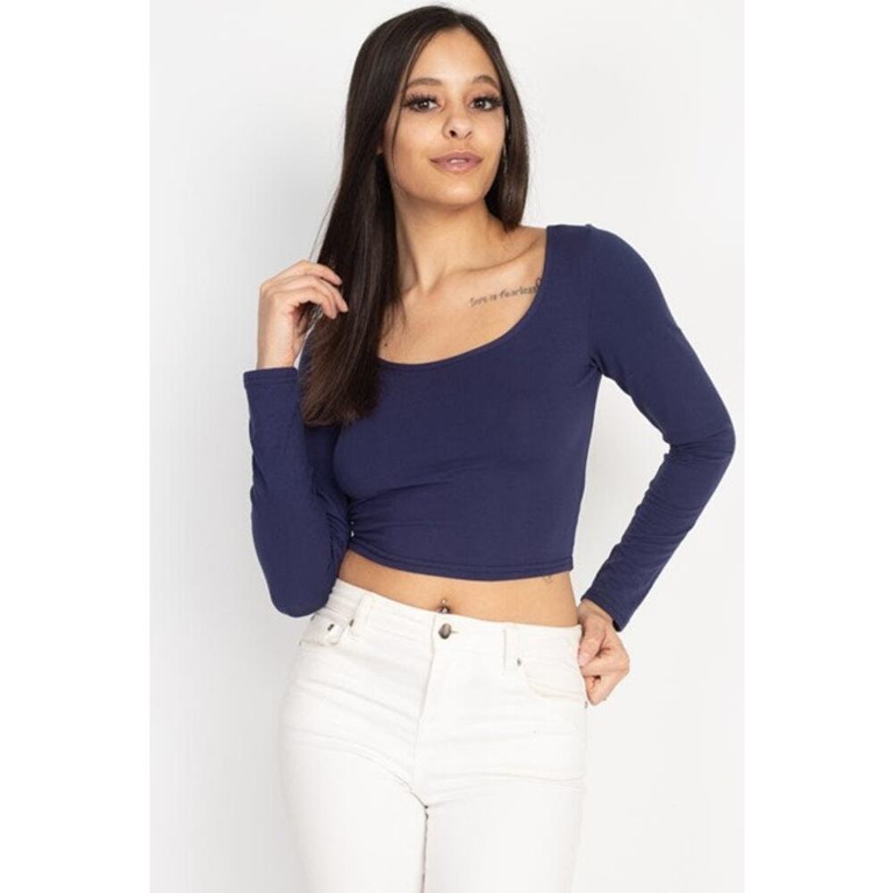 Scoop Neck Long Sleeve Crop Top in Dark Blue Size Small